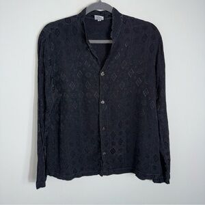 CP Shades Button Front Blouse-Vintage-Black Jacquard Rayon-Lagenlook-Medium